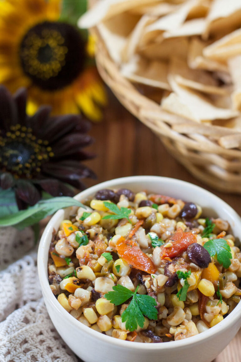 Colorful Corn and Black Bean Salsa overhead view with chips