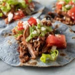 Close up of pheasant tacos on blue corn tortillas.