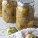 Close up of jars of tomatillos.
