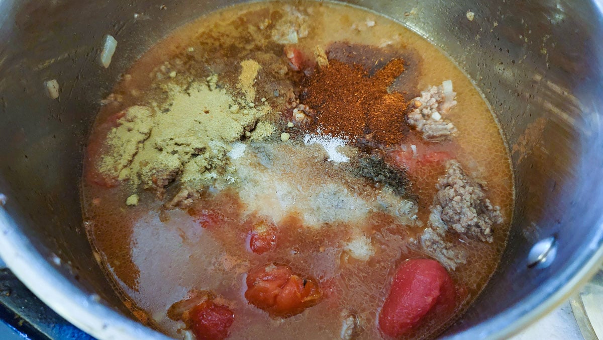 Spices added to the pan.