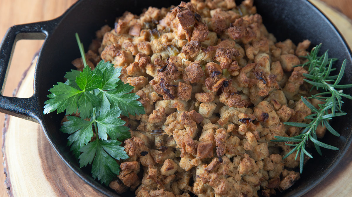 Smoked stuffing in a cast iron skillet.