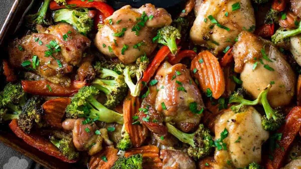 One pan veggies close up shot.