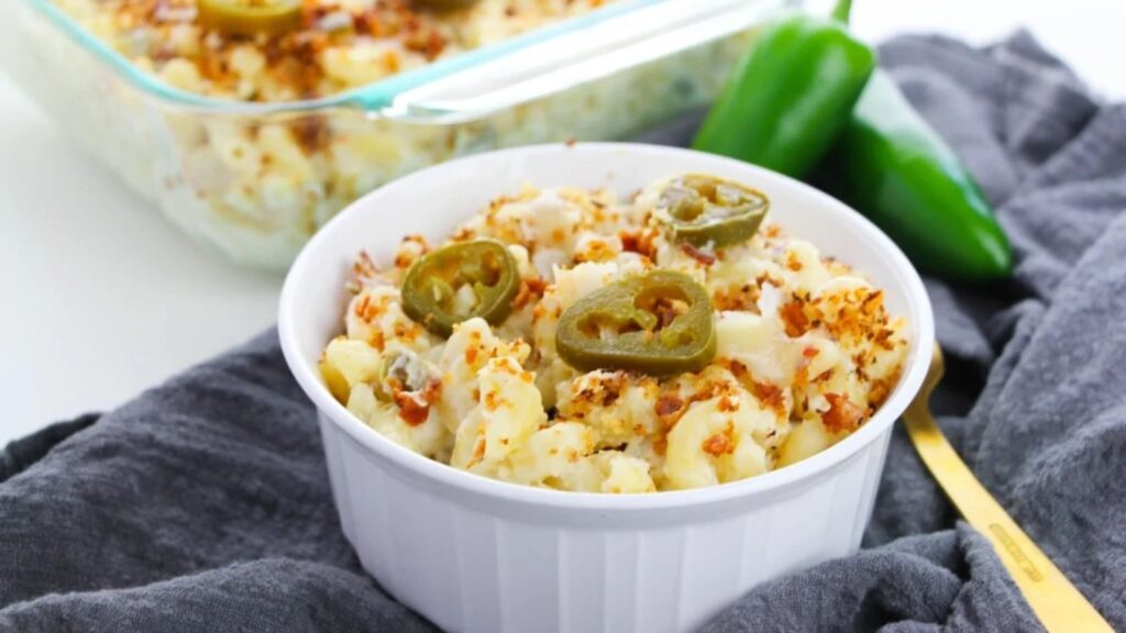 Mac and cheese with jalapeno on top.