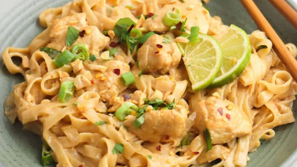 Peanut noodles with chicken.