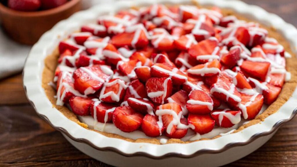 Strawberry Pie drizzled with white chocolate.