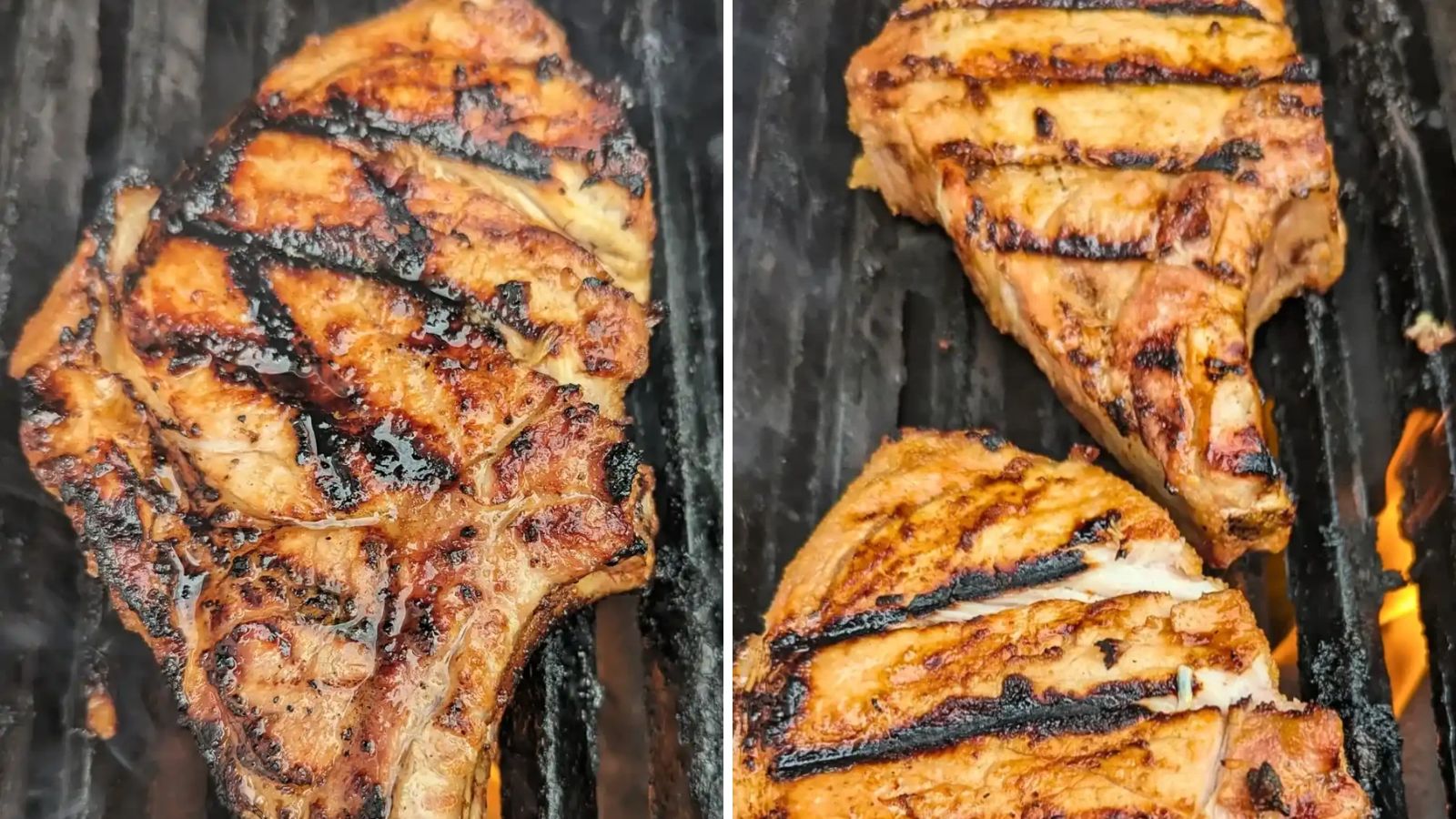 Marinated pork loin chops on a grilled pan.