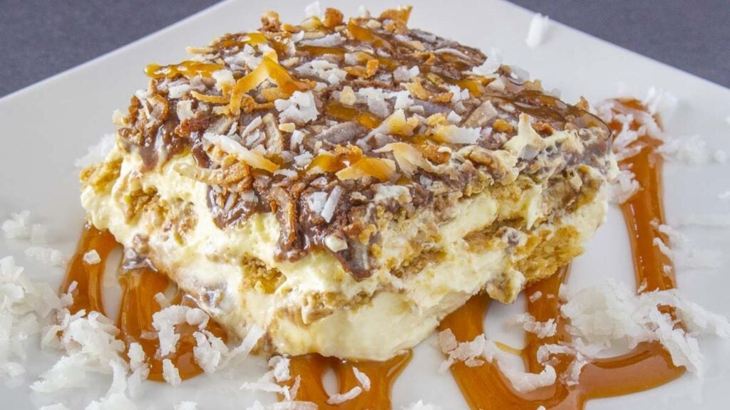 Eclair cake with caramel drizzle.