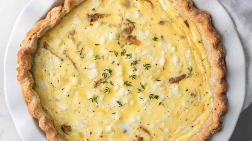 An overhead shot of Onion and Cheese Quiche