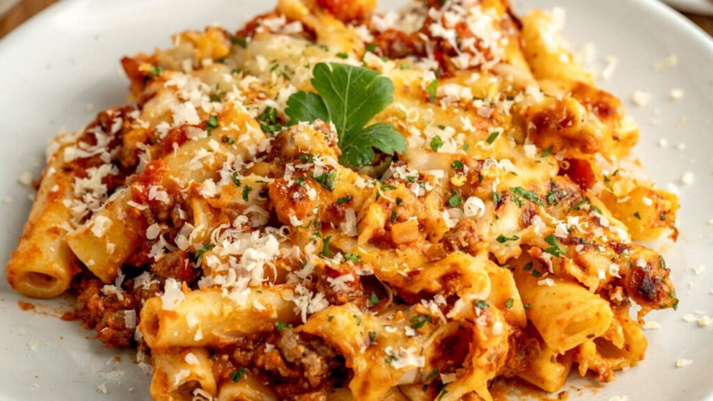 Baked ziti on a plate.