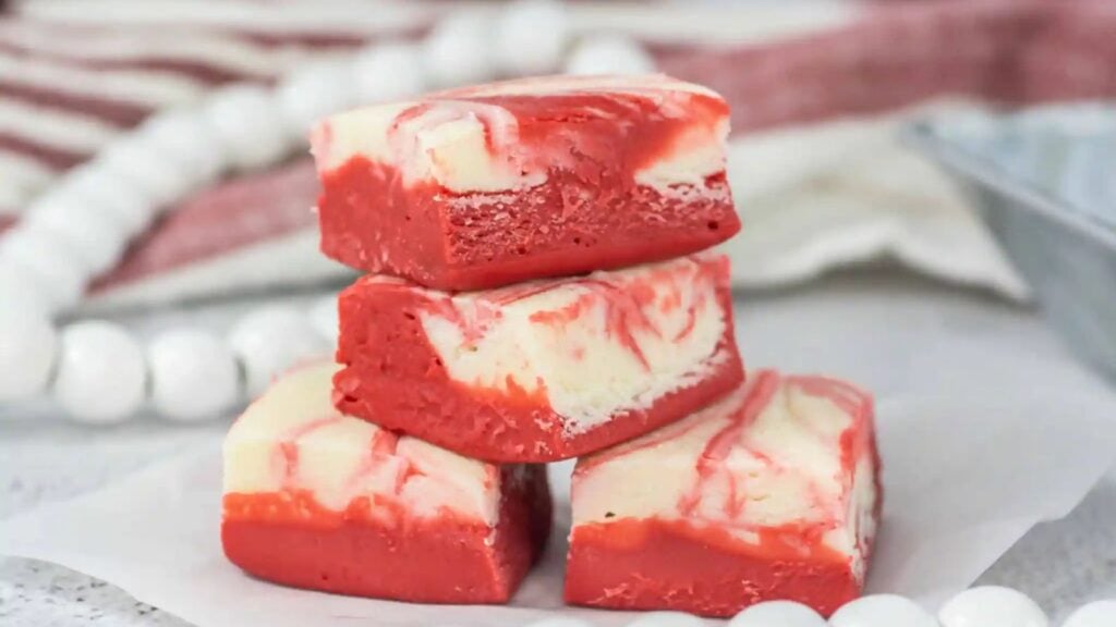Stack of red velvet fudge.