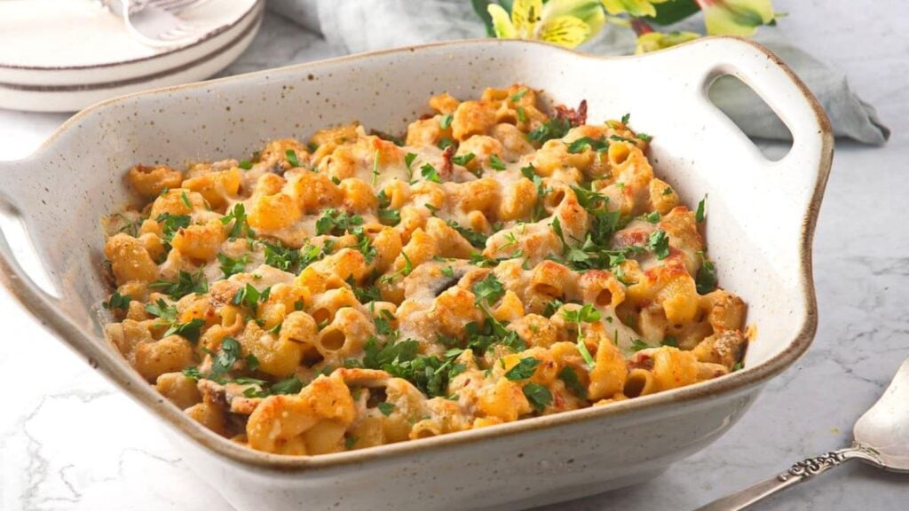 Tuna macaroni casserole in a bowl.