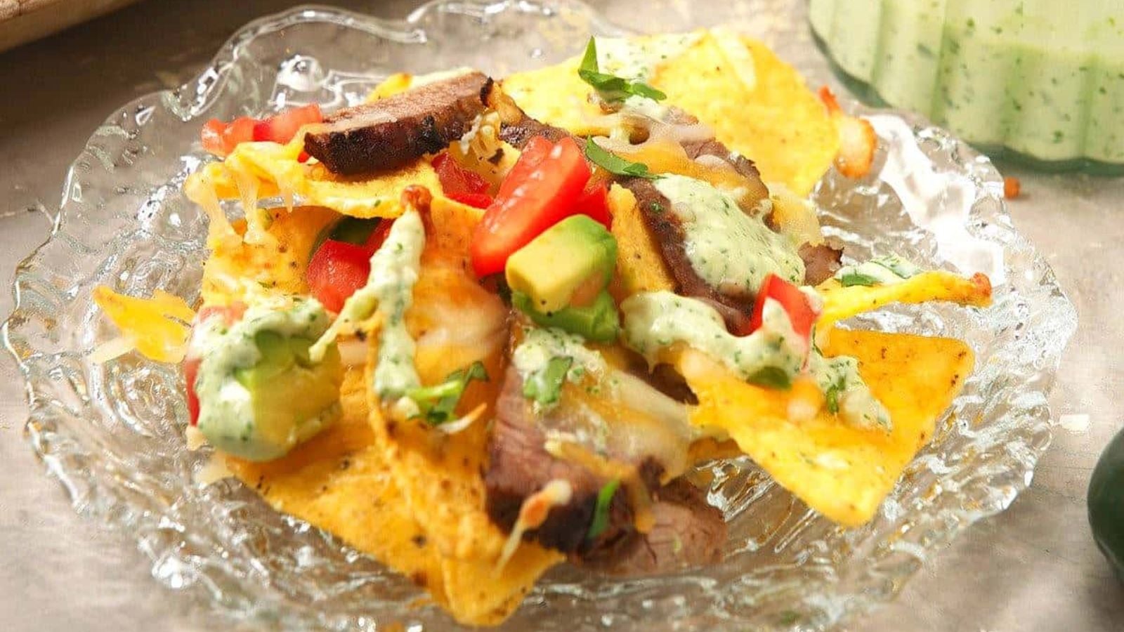 Carne asada nachos in a bowl.