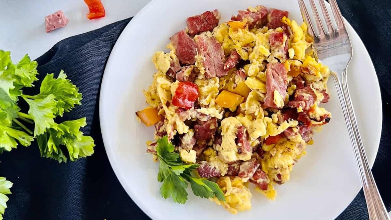 Corned beef with scrambled eggs.