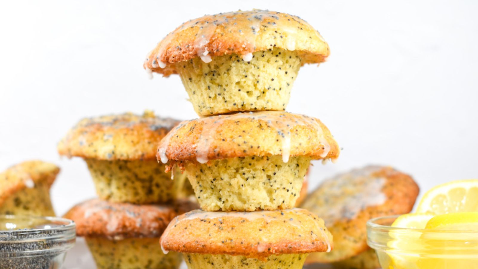 Stack of lemon poppy seed muffins.