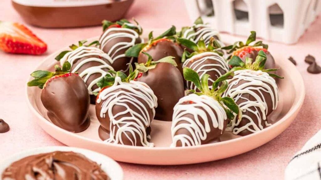 Strawberries covered in chocolate.