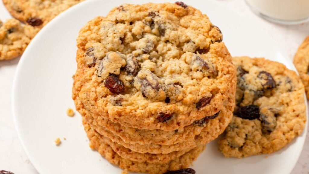 Stack of oatmeal cookies with raisins.