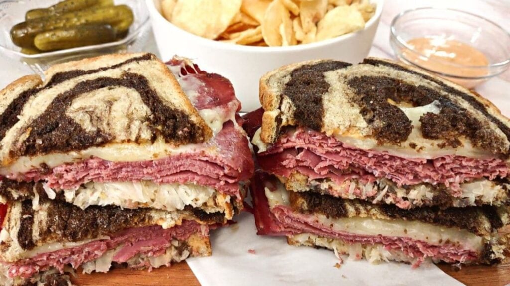 Reuben sandwich close up shot.