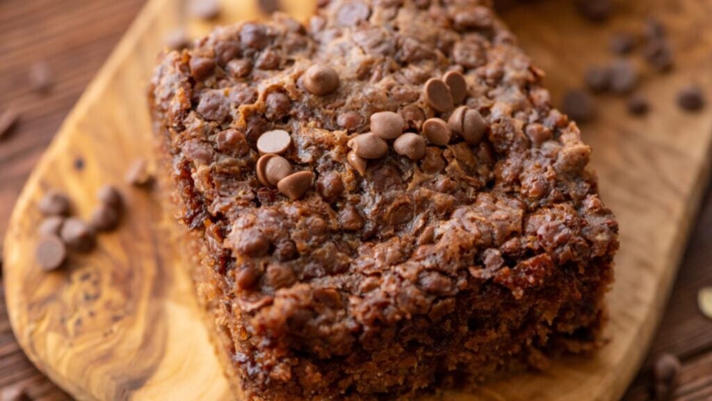 A slice of chocolate oatmeal cake.
