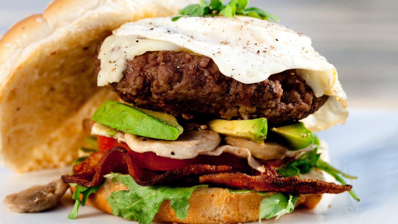 Fried egg burger close up shot.