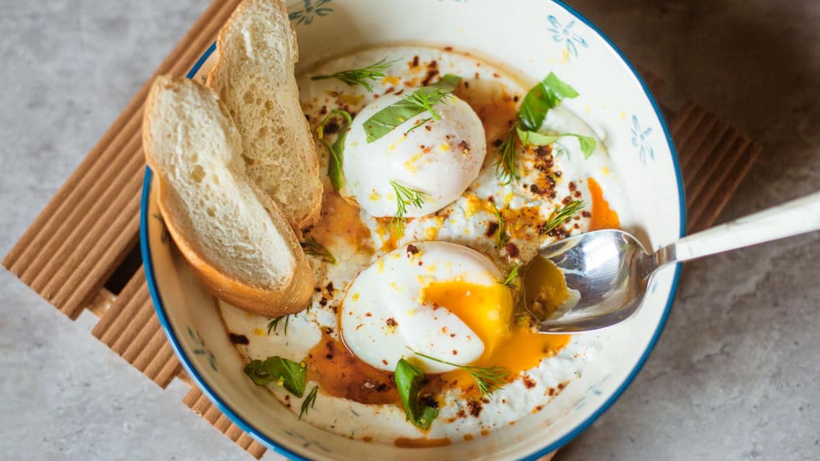 Poached turkish eggs in a bowl.