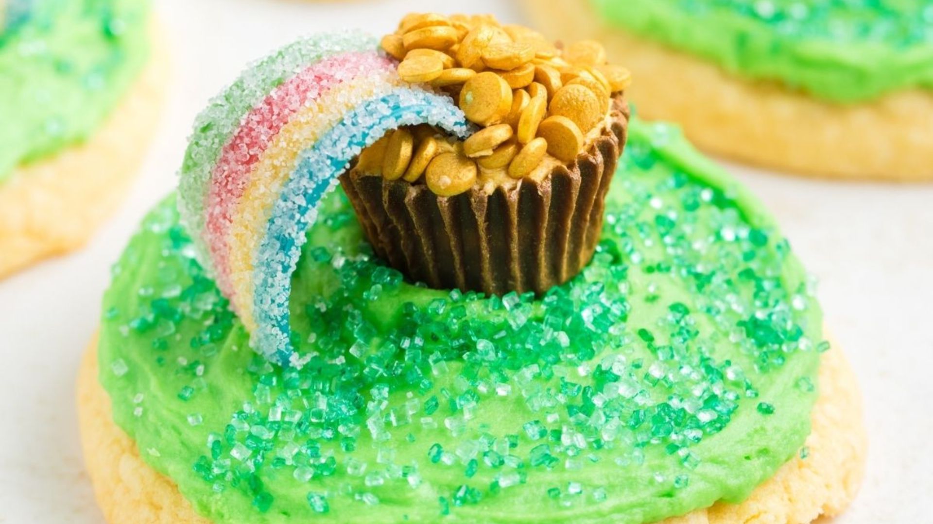 Pot of gold cookies close up shot.