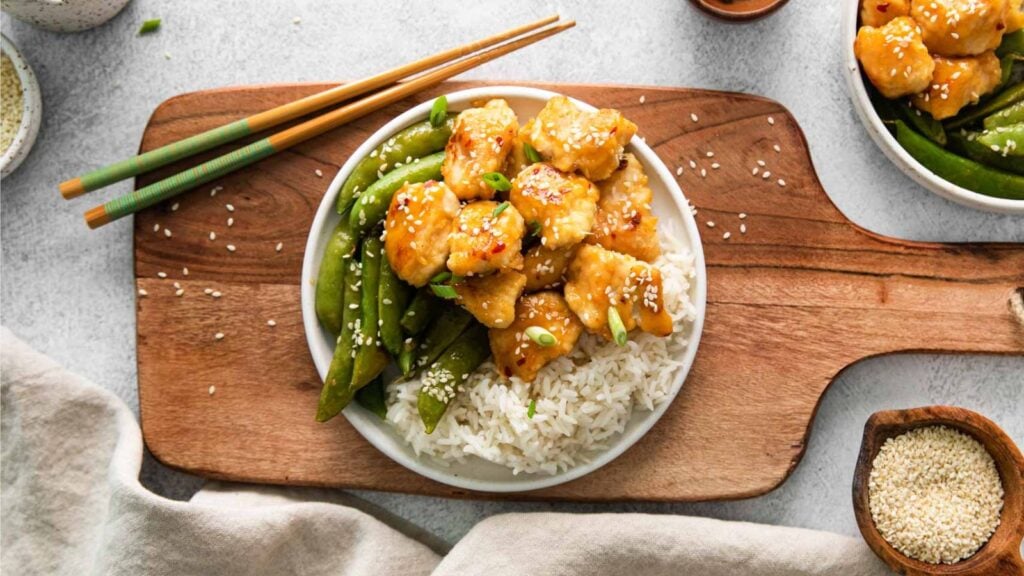 Orange chicken in a bowl.