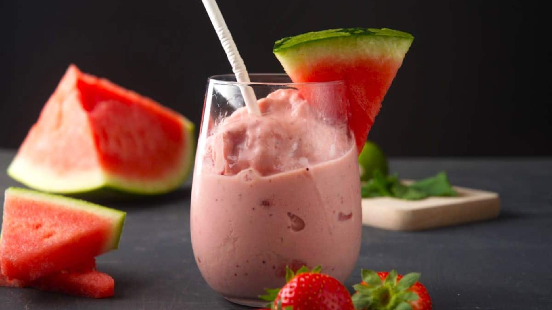 Close up shot of watermelon smoothie in a glass.