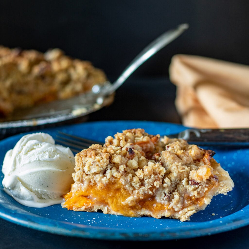 Slice of apricot pie on a blue pewter plate with a scoop if ice cream.