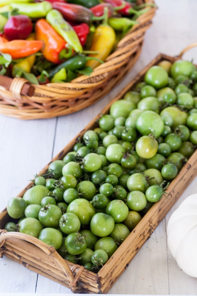 harvesting the garden - green tomatoes in decorative basket