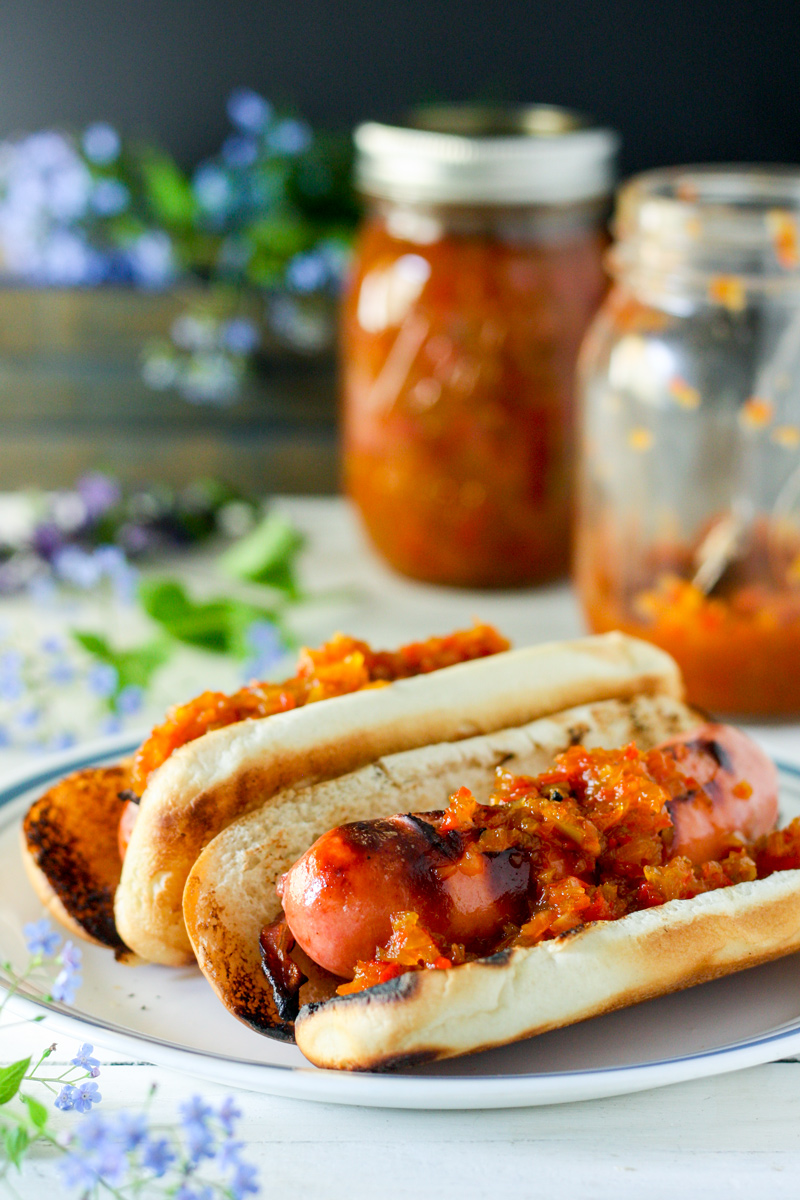 hot dog topped with colorful pepper relish