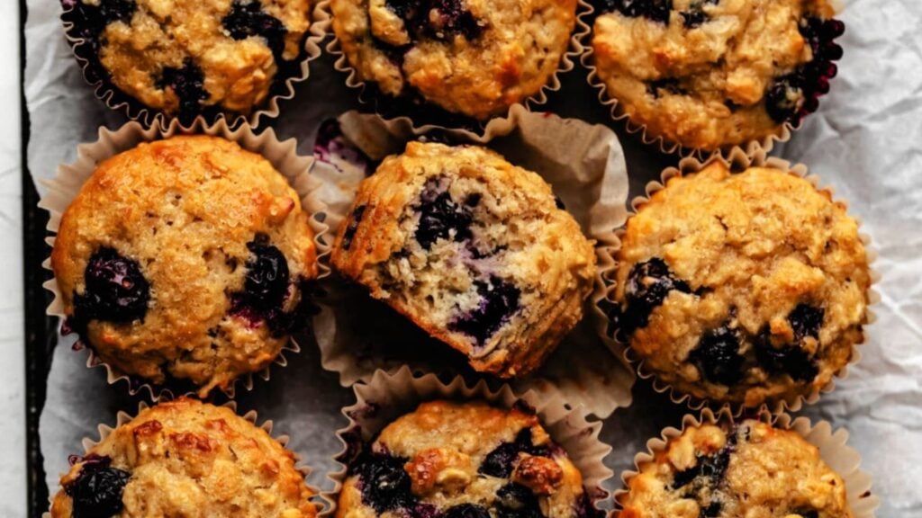 Close up shot of blueberry oatmeal muffins.
