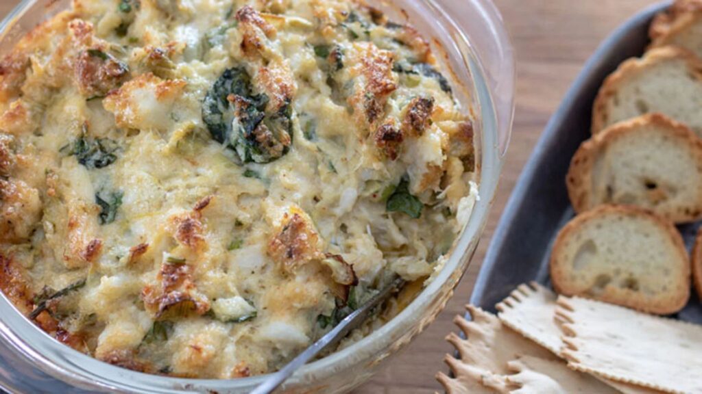 A close up shot of crab dip.