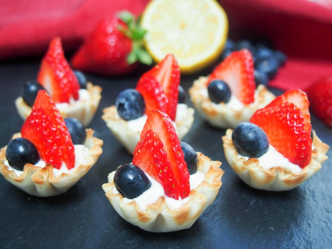 Berry Phyllo Cups with blueberries and strawberries