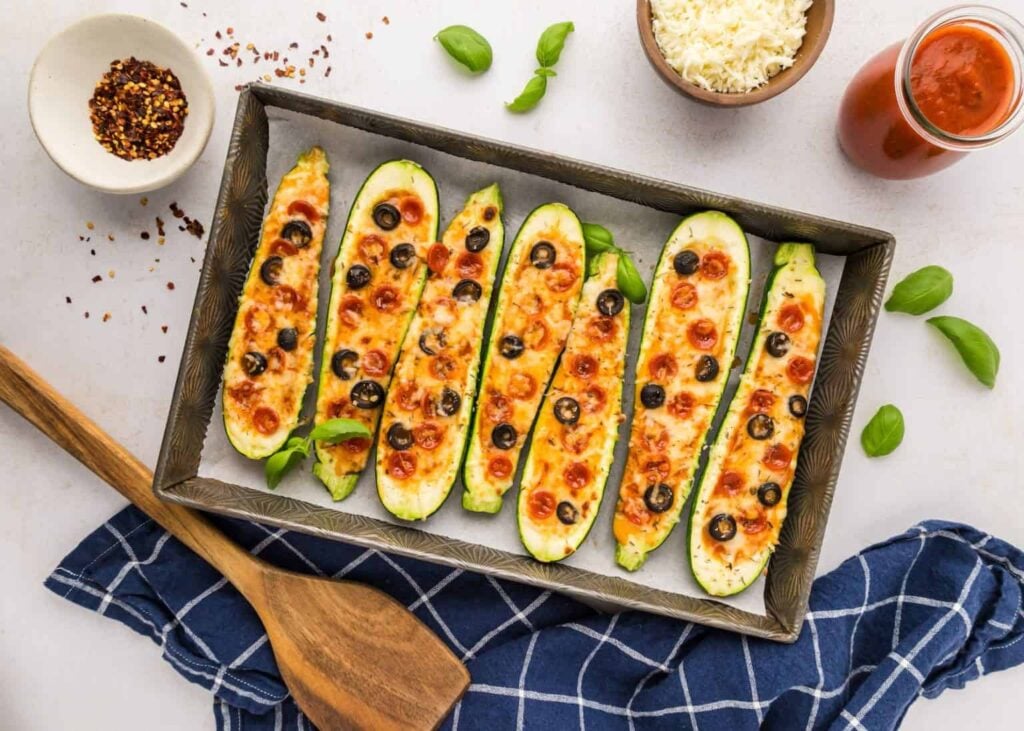 Overhead shot of Pizza Zucchini Boats