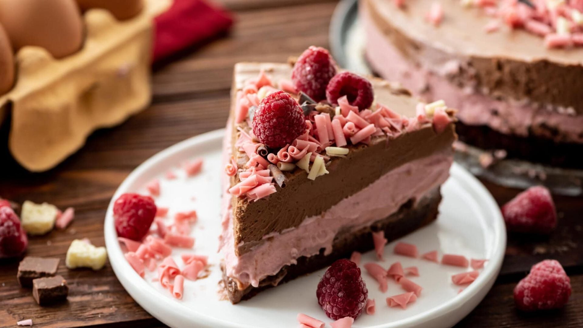 A slice of chocolate raspberry mousse cake.