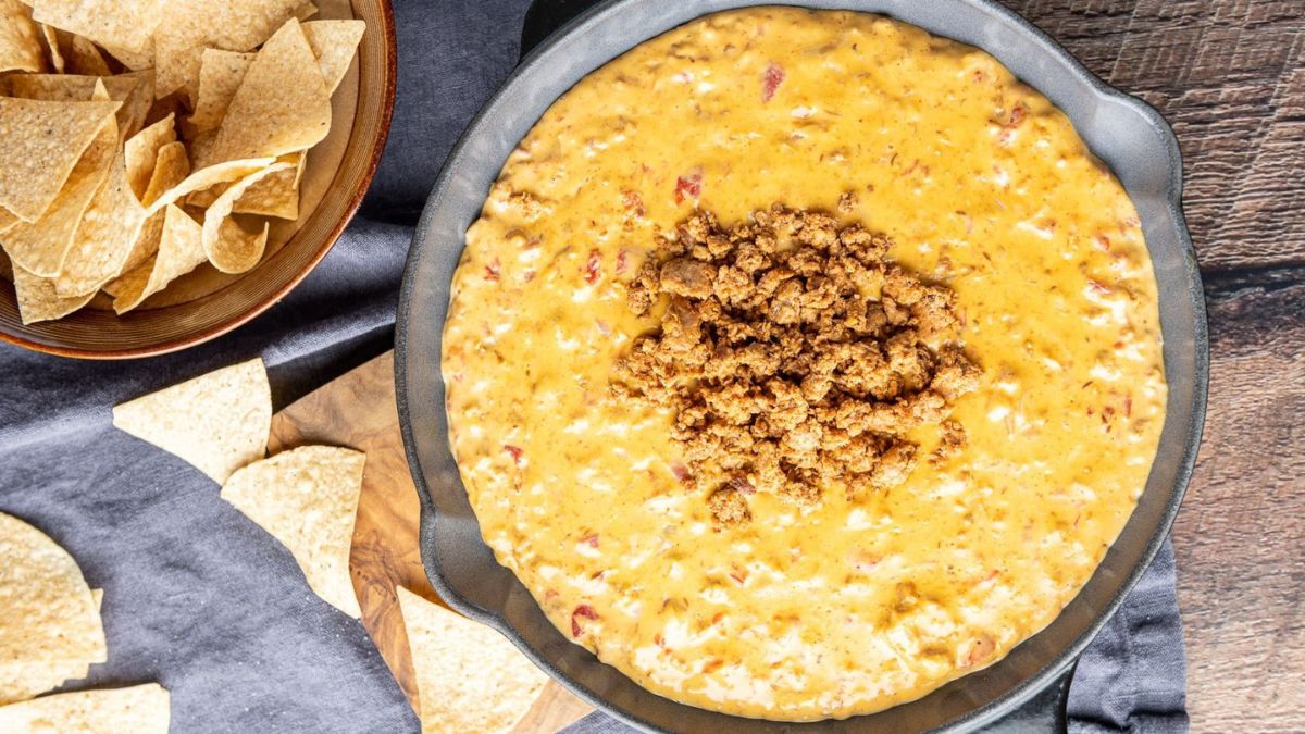 Chorizo dip in a pan.