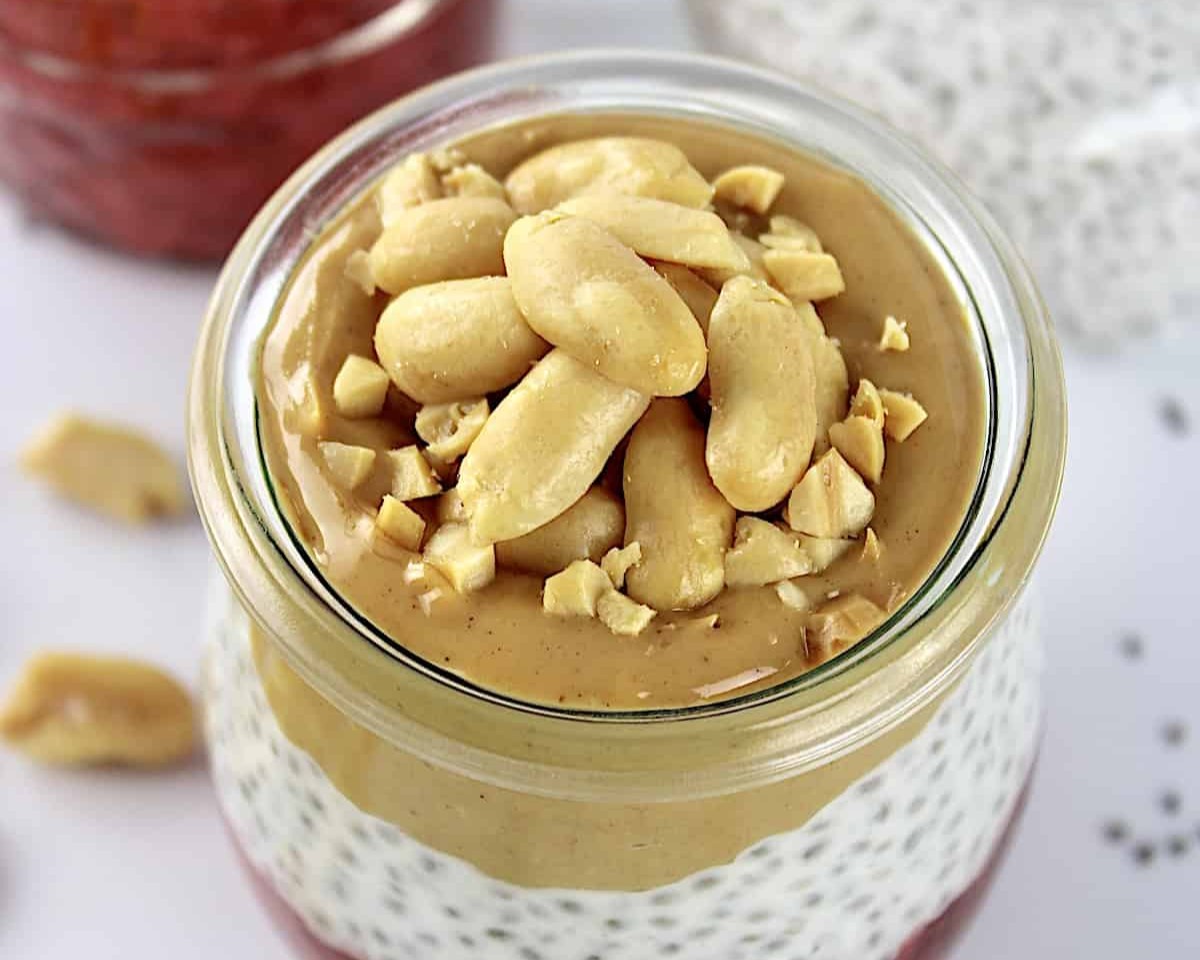 A jar of Peanut Butter and Jelly Chia Pudding