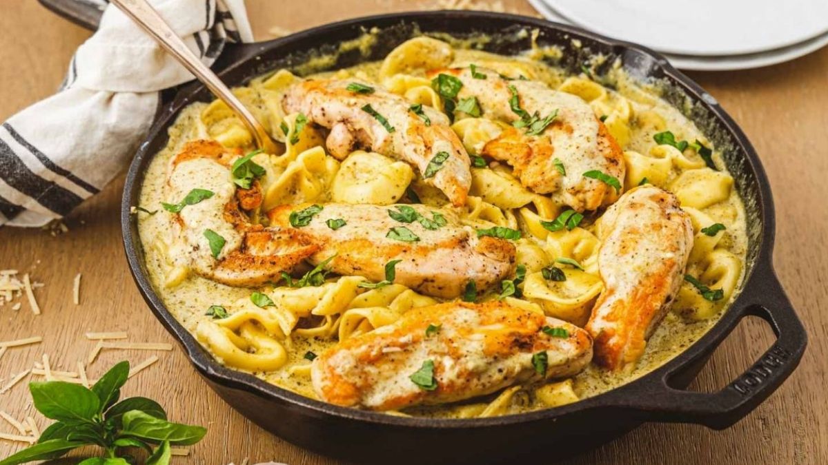 Pesto Chicken Tortellini in a pan
