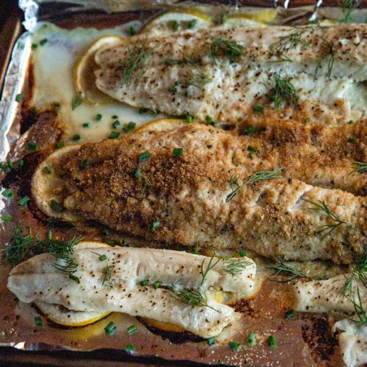 Baked walleye on lemon slices with fresh herbs.