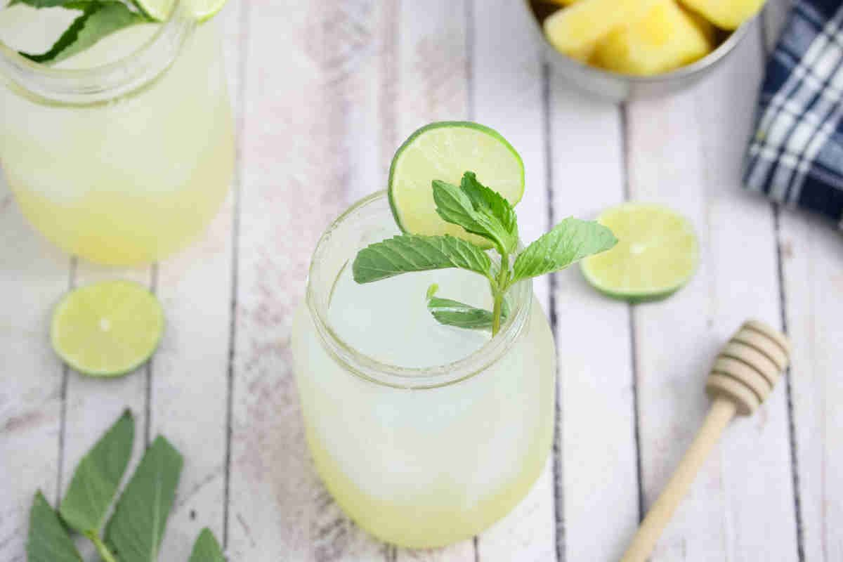 A glass of Ginger Beer Mocktail garnished with a lime slice and mint.