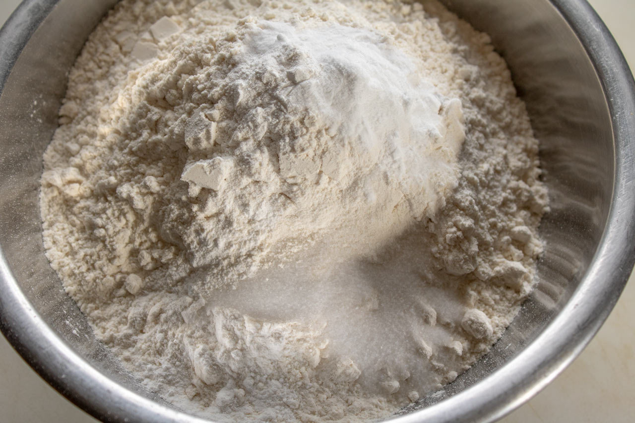 Dry ingredients measured into a bowl.