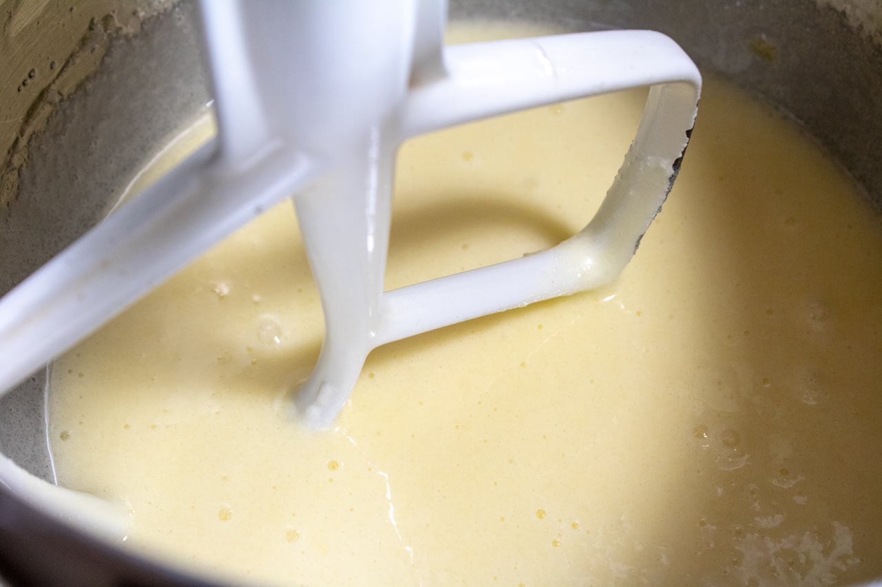 Wet ingredients mixed up in the mixing bowl.