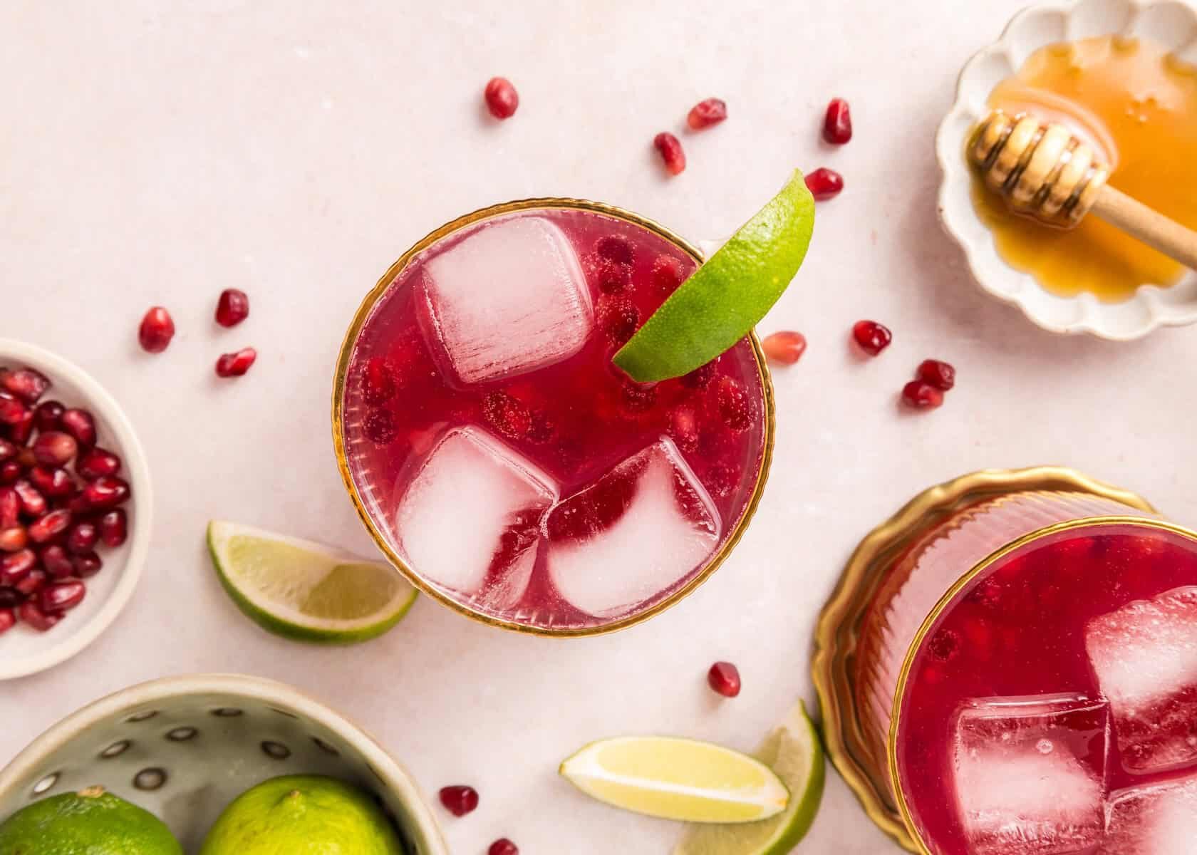 An overhead shot of two Pomegranate Mocktails