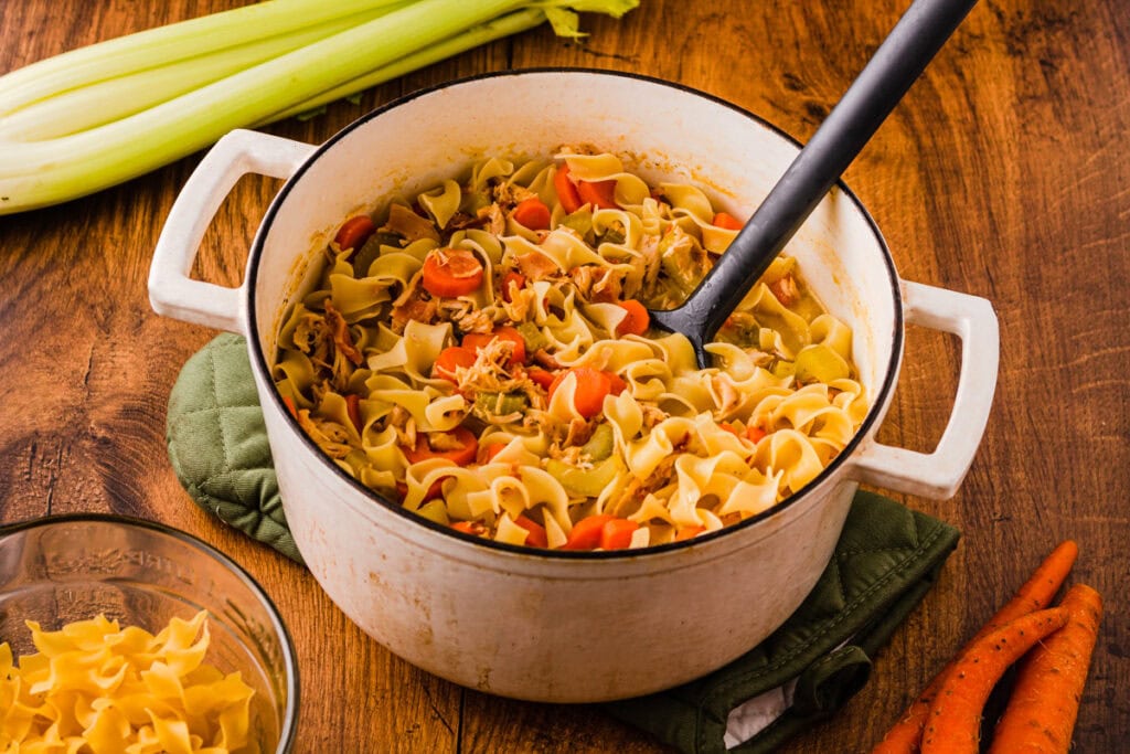 A pot of Chicken Noodle Soup.