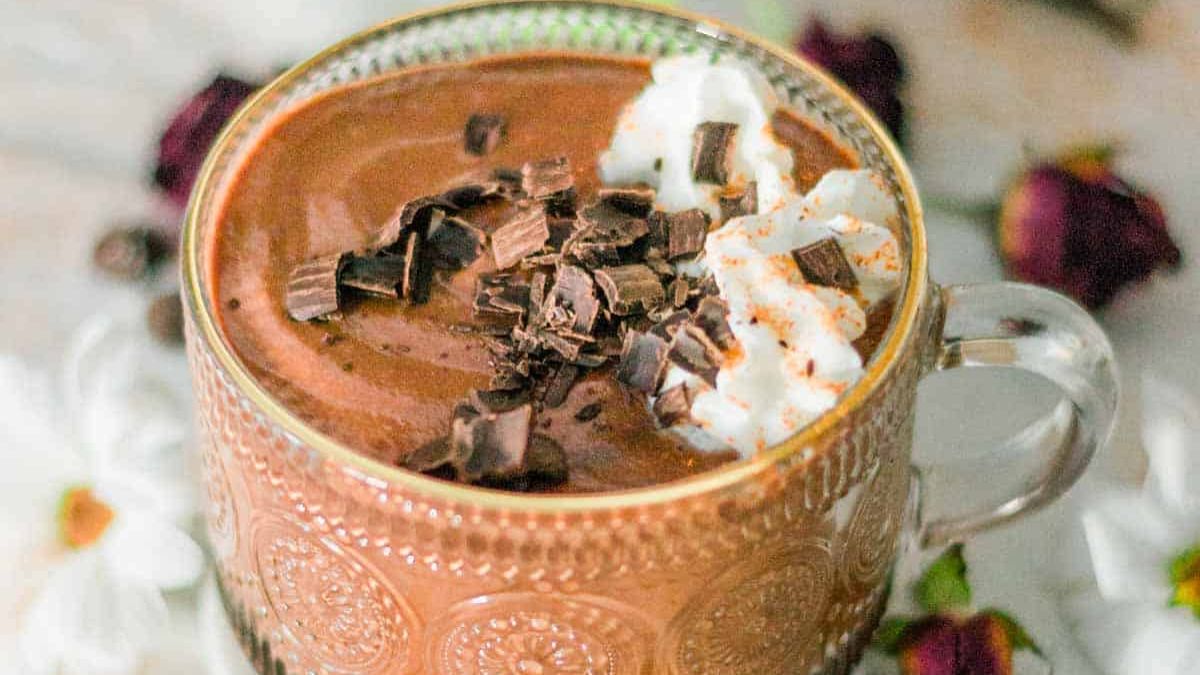 Spicy Hot Chocolate with Cayenne Pepper and chocolate shavings whipped cream
