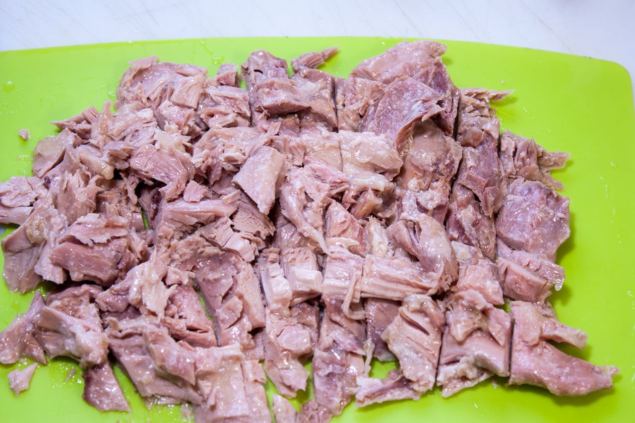 Chopped turkey meat on a board.