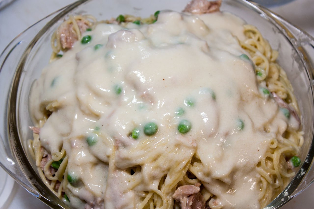 Mixture poured into a casserole dish.
