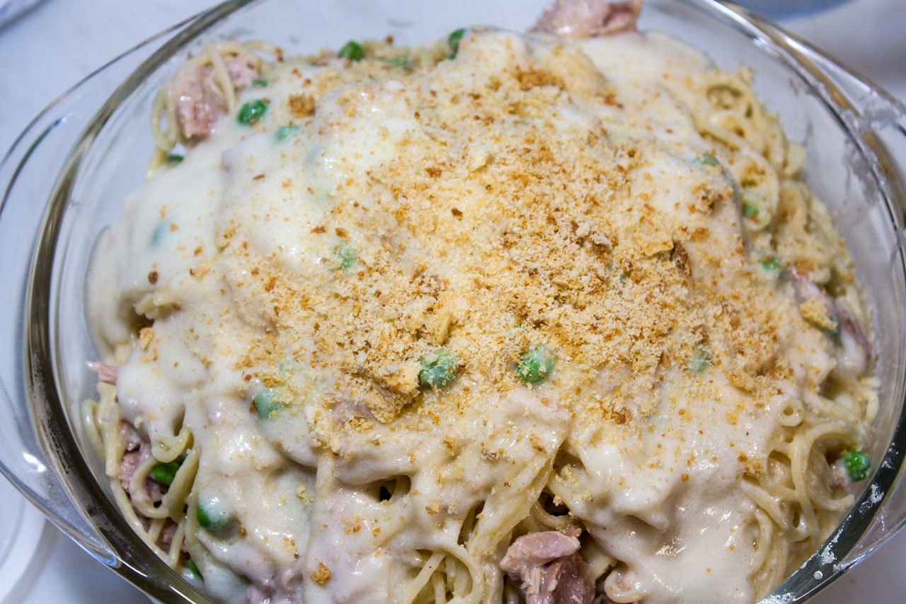 Bread crumbs sprinkled on top of the casserole.