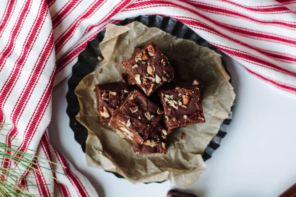 An overhead shot of a plate of Fantasy Fudge.