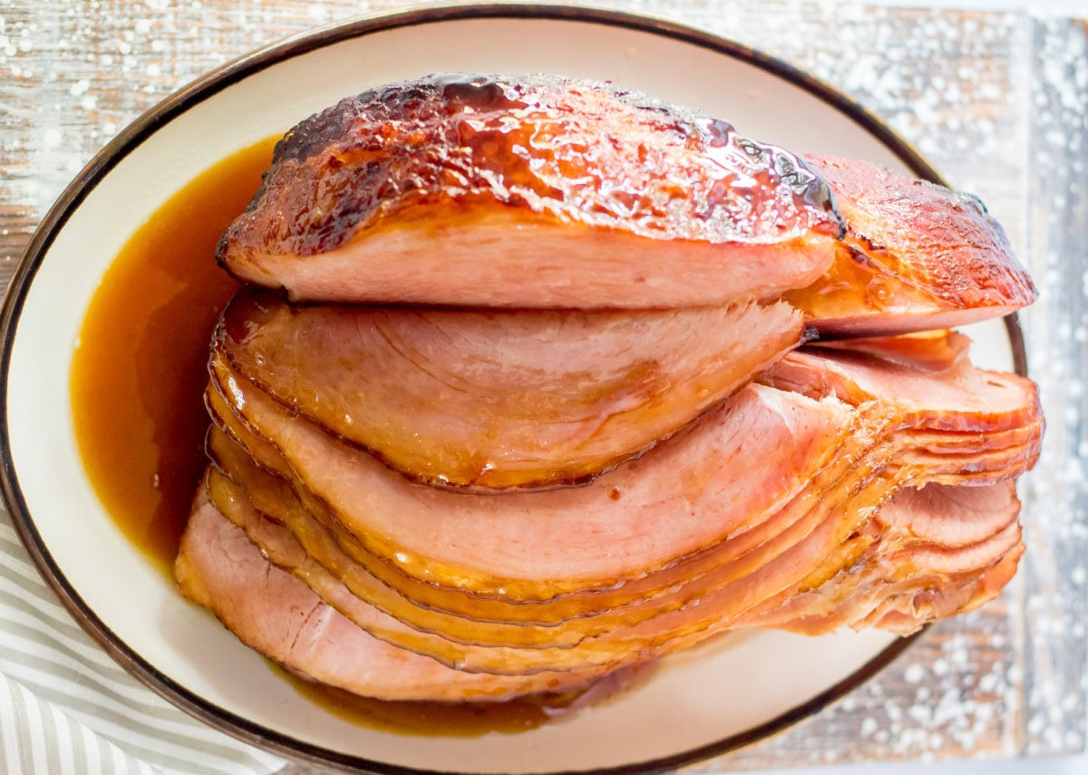 An overhead shot of Apple Cider Glazed Ham on a plate